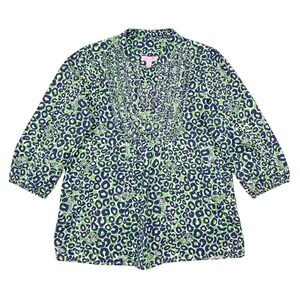 Lilly Pulitzer Top Small Green Blue Leopard Print Ruffle Collar Preppy Vacation